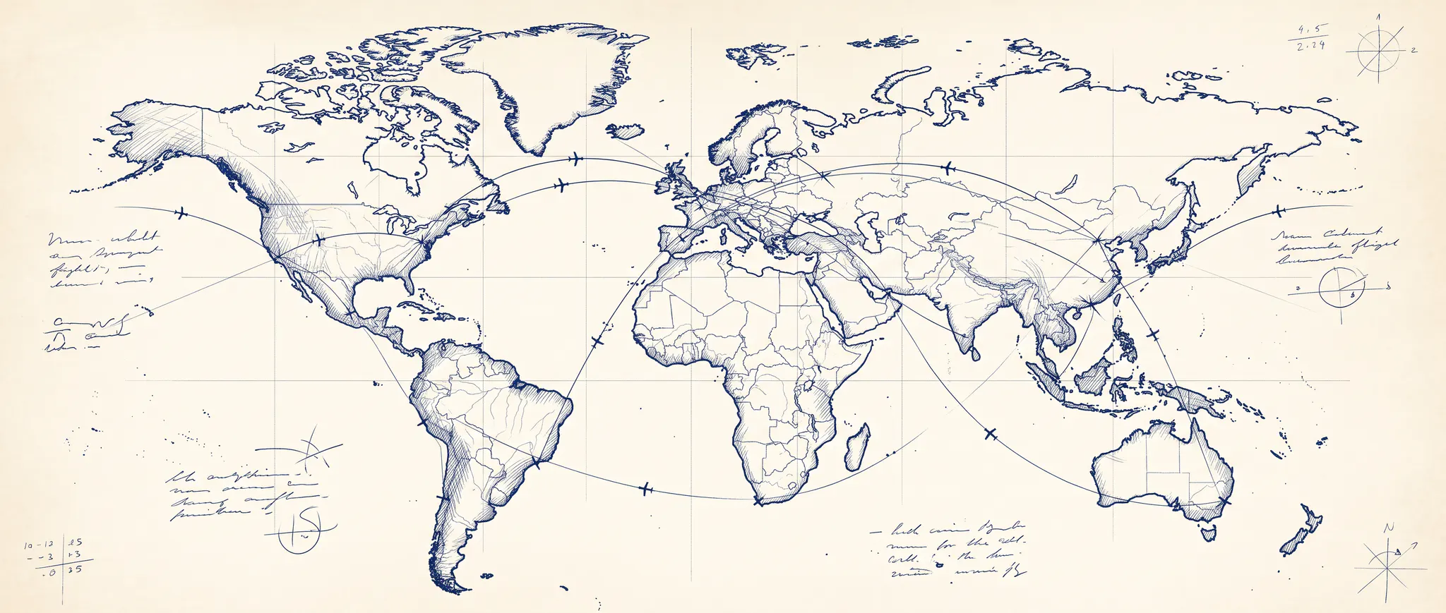 Blue ink world map with intercontinental routes