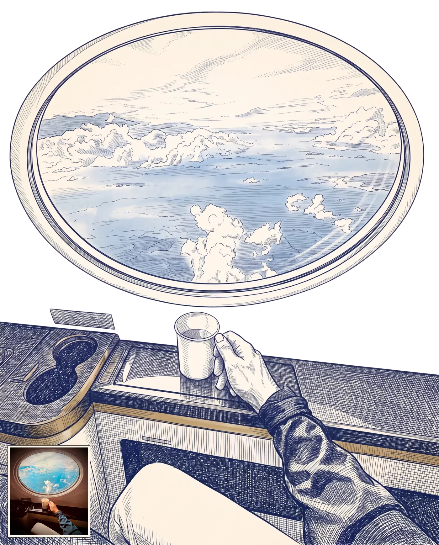 Delft blue archival sketch of a hand holding coffee beside a private jet window above the clouds